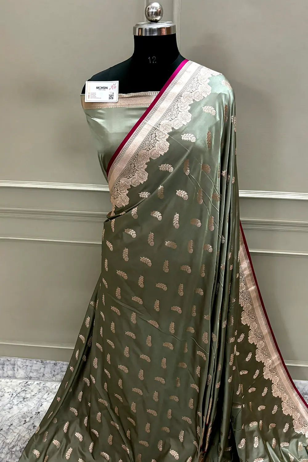 Sage Green Kanak Buti Katan Mashru Silk Banarasi Saree