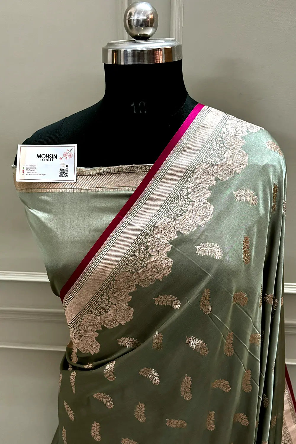 Sage Green Kanak Buti Katan Mashru Silk Banarasi Saree