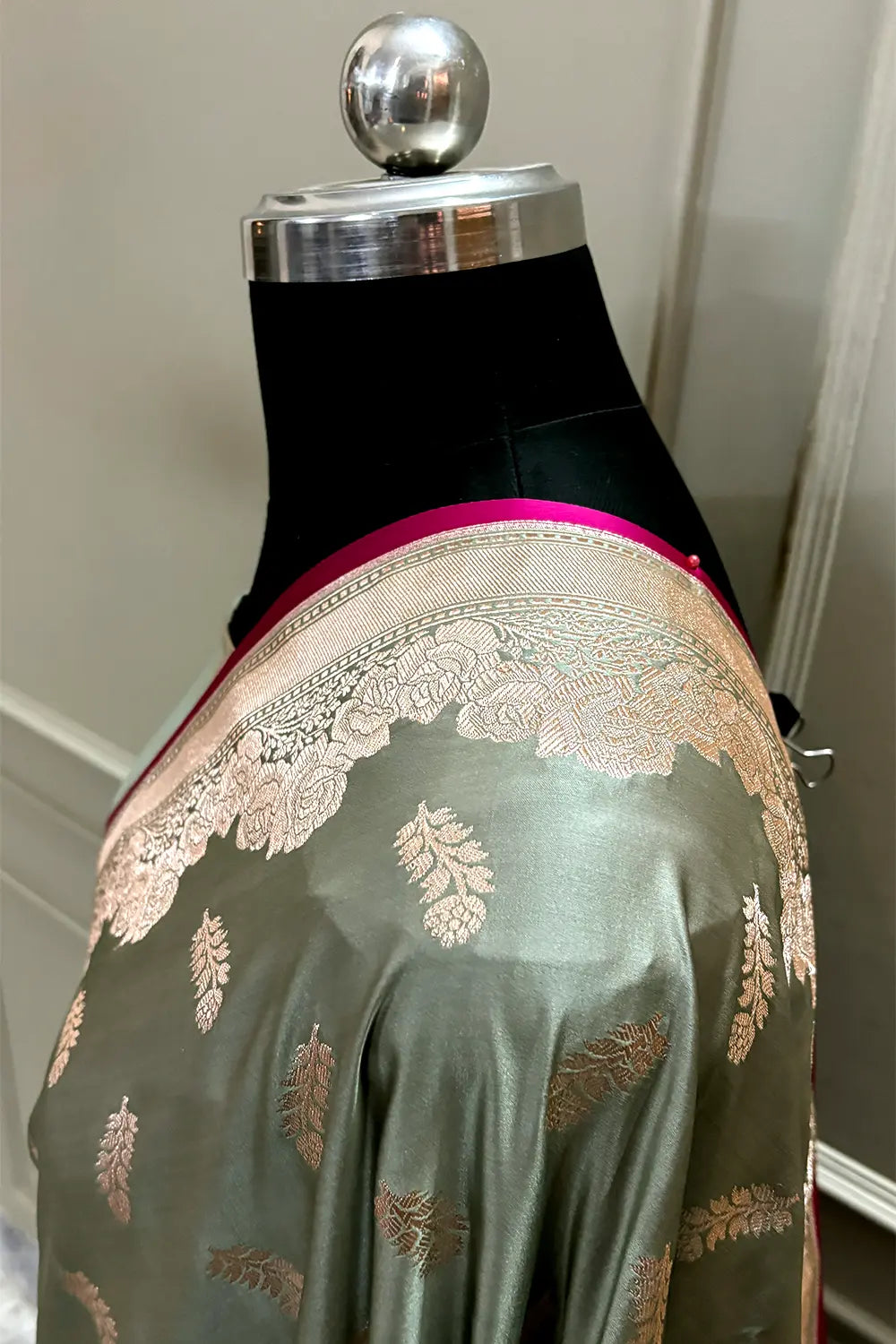 Sage Green Kanak Buti Katan Mashru Silk Banarasi Saree