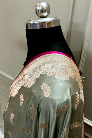 Sage Green Kanak Buti Katan Mashru Silk Banarasi Saree