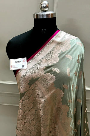 Sage Green Kanak Buti Katan Mashru Silk Banarasi Saree