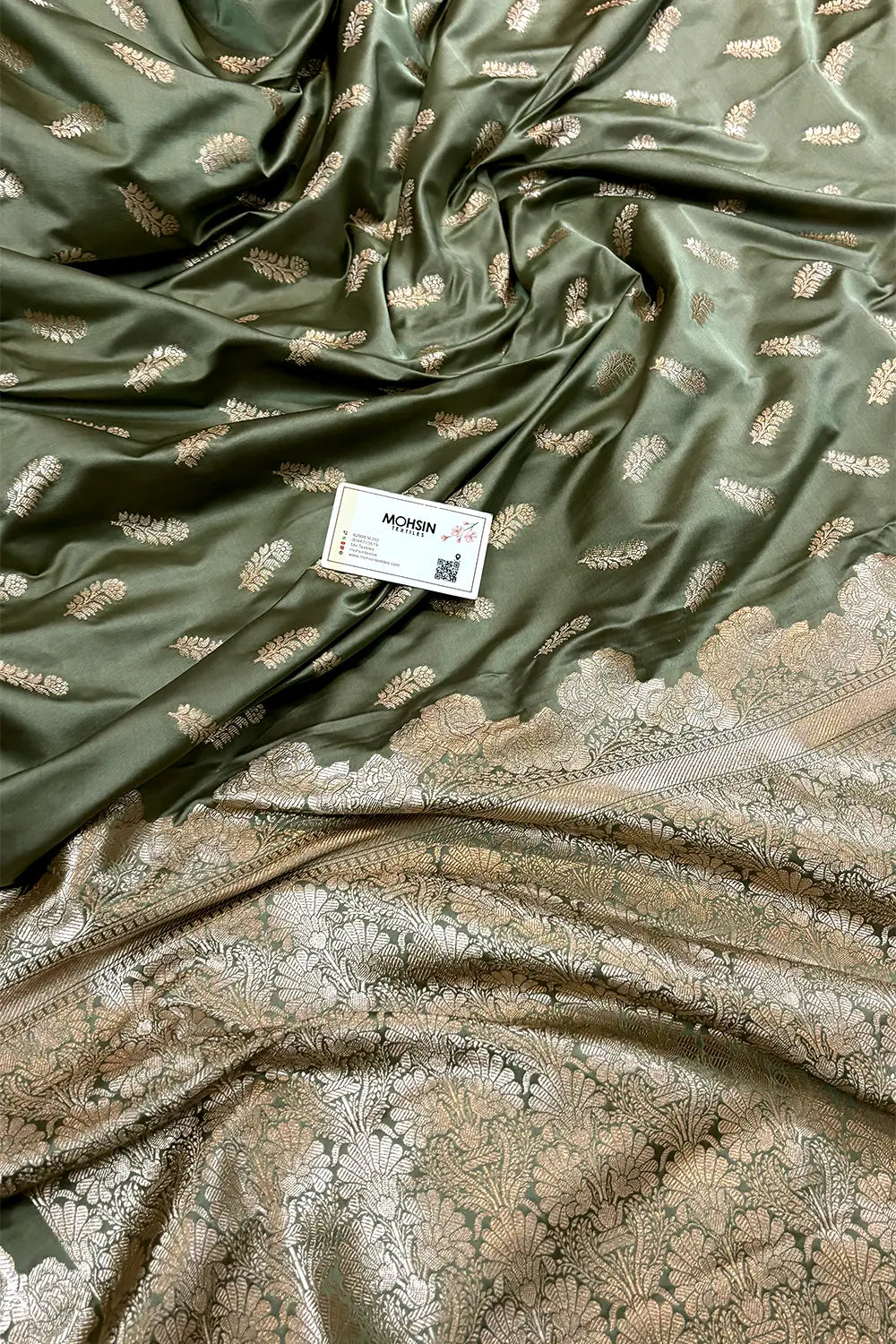 Sage Green Kanak Buti Katan Mashru Silk Banarasi Saree