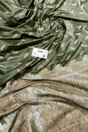 Sage Green Kanak Buti Katan Mashru Silk Banarasi Saree