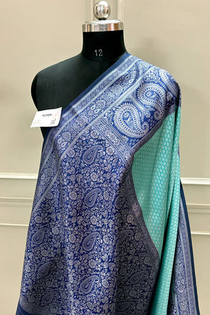 Sea Green and Navy Blue Resham Zari Banarasi Silk Saree