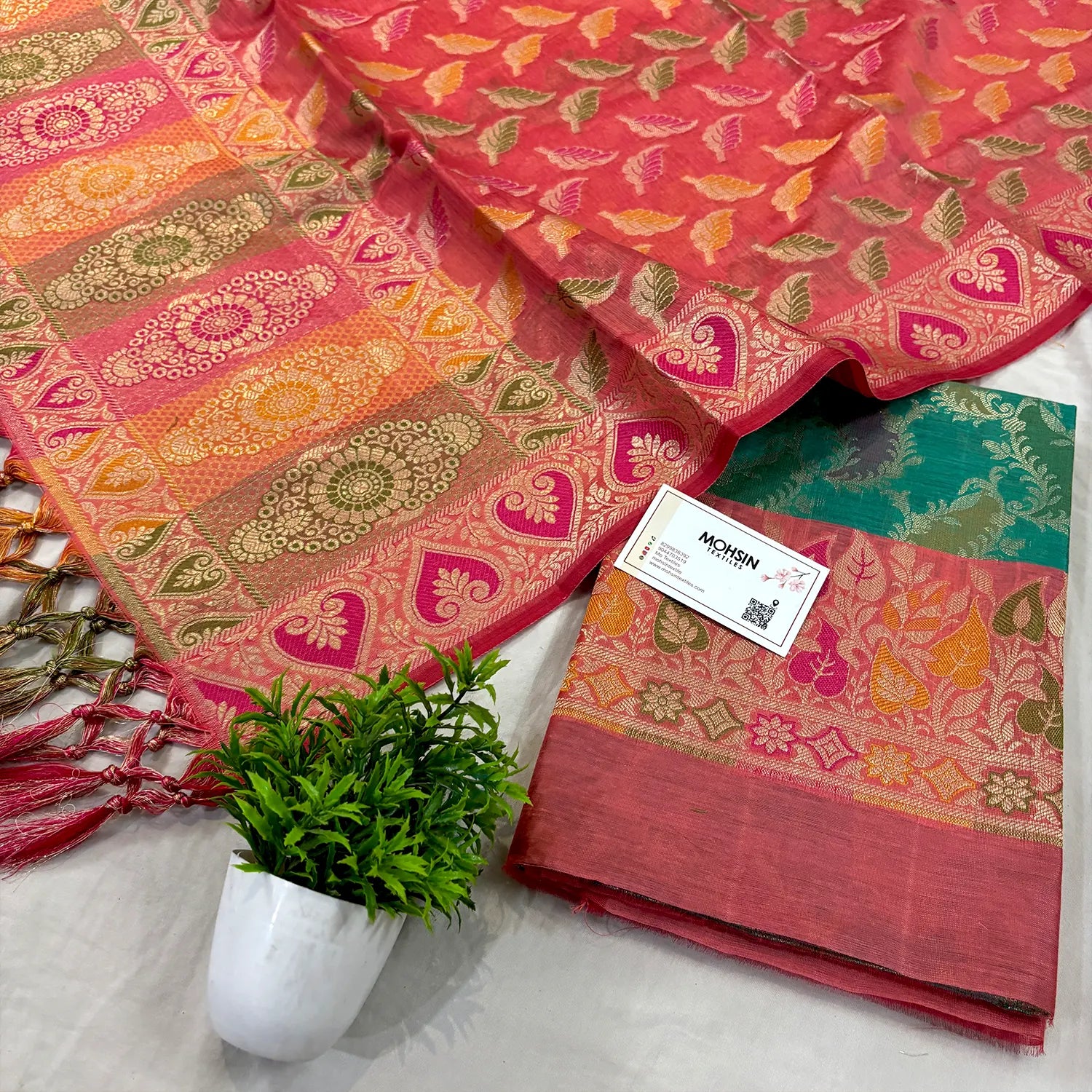 Sea Green and Peach Resham Banarasi Silk Suit