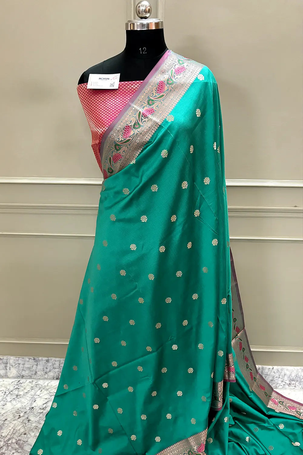 Sea Green and Pink Buti Banarasi Silk Saree