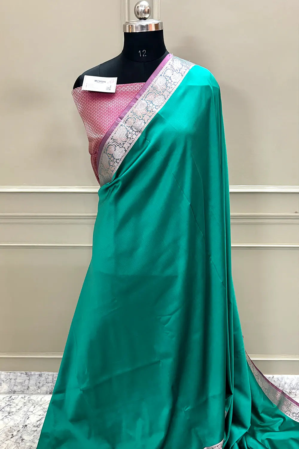 Sea Green and Pink Plain Banarasi Silk Saree