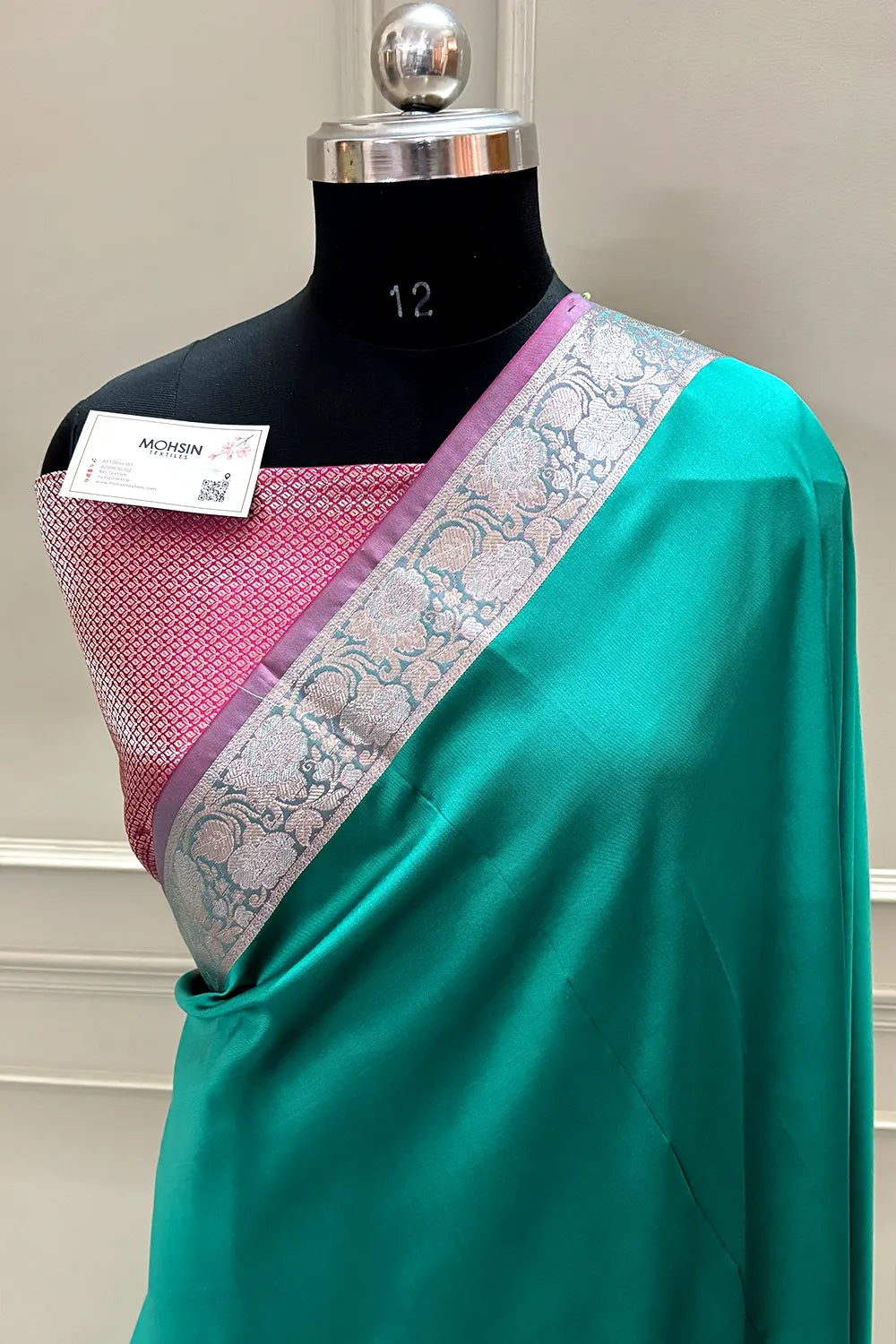 Sea Green and Pink Plain Banarasi Silk Saree