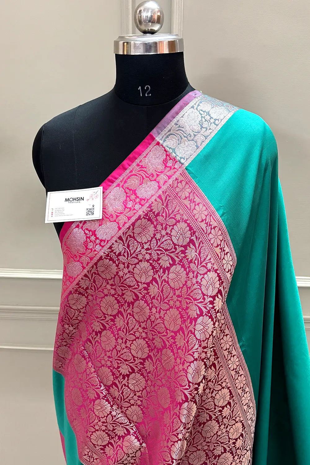 Sea Green and Pink Plain Banarasi Silk Saree