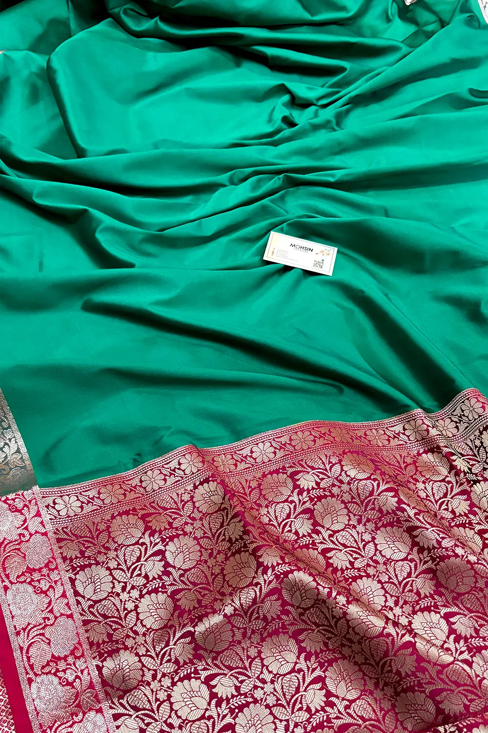 Sea Green and Pink Plain Banarasi Silk Saree