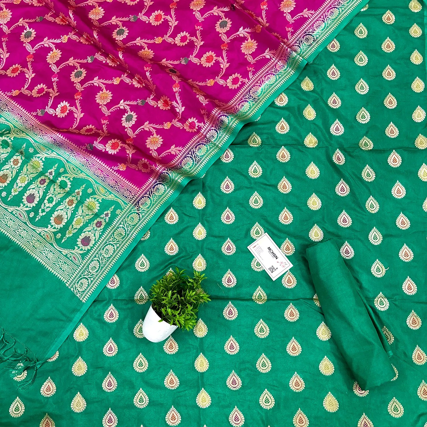 Sea Green and Pink Zari Katan Silk Banarasi Suit