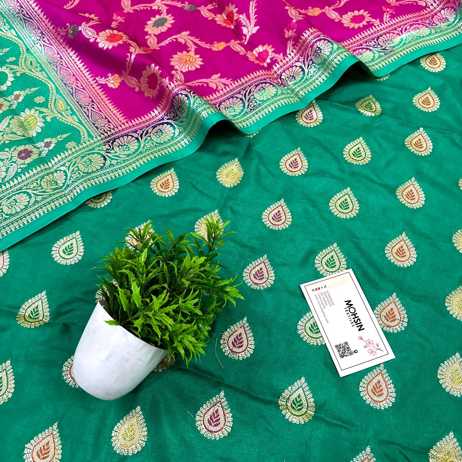 Sea Green and Pink Zari Katan Silk Banarasi Suit