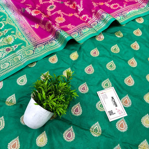 Sea Green and Pink Zari Katan Silk Banarasi Suit