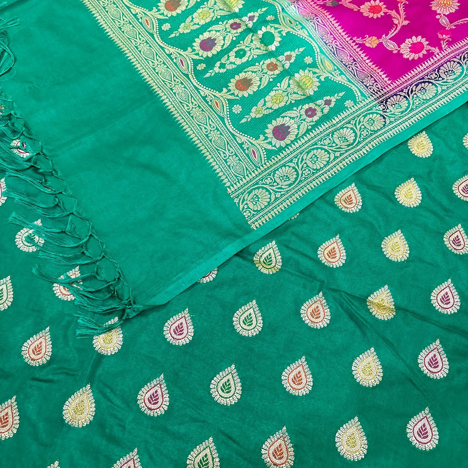 Sea Green and Pink Zari Katan Silk Banarasi Suit