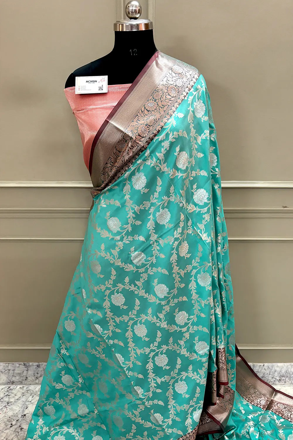 Sea Green and Red Zari Banarasi Silk Saree