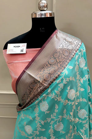 Sea Green and Red Zari Banarasi Silk Saree