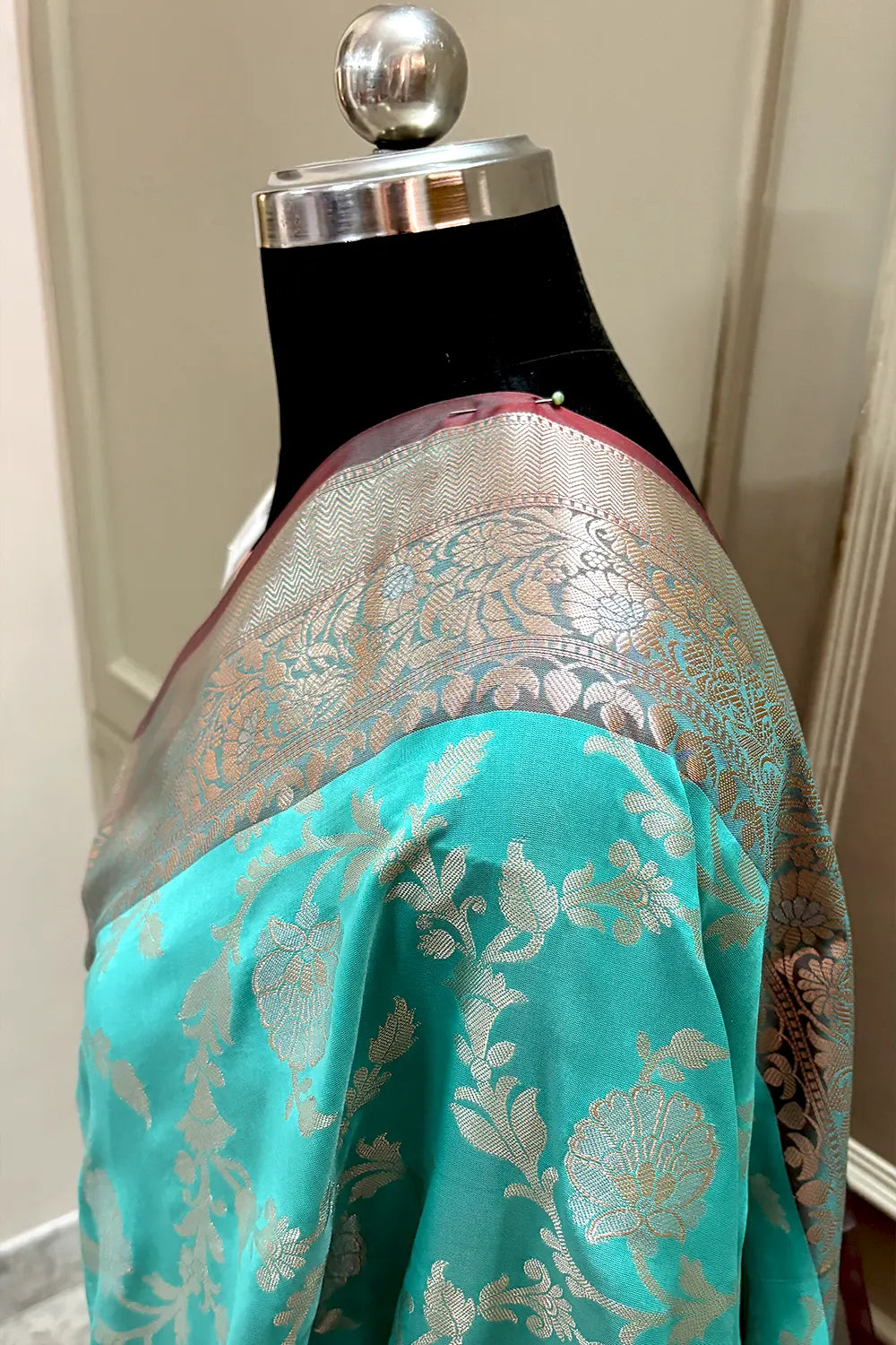 Sea Green and Red Zari Banarasi Silk Saree