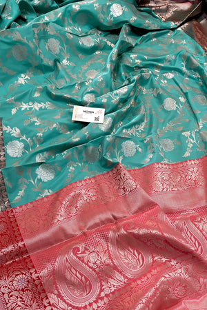 Sea Green and Red Zari Banarasi Silk Saree