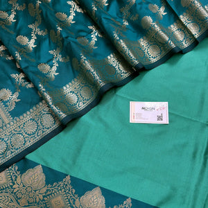 Sea Green and Teal Plain Semi Katan Silk Banarasi Silk Suit