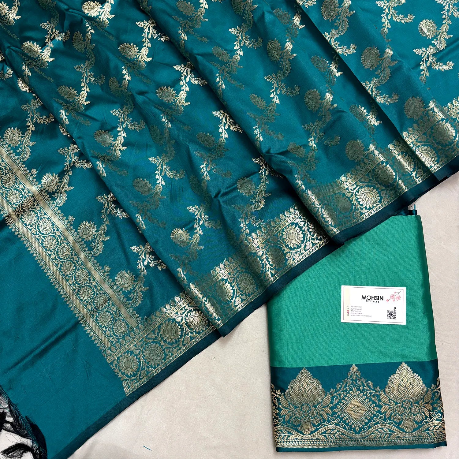 Sea Green and Teal Plain Semi Katan Silk Banarasi Silk Suit