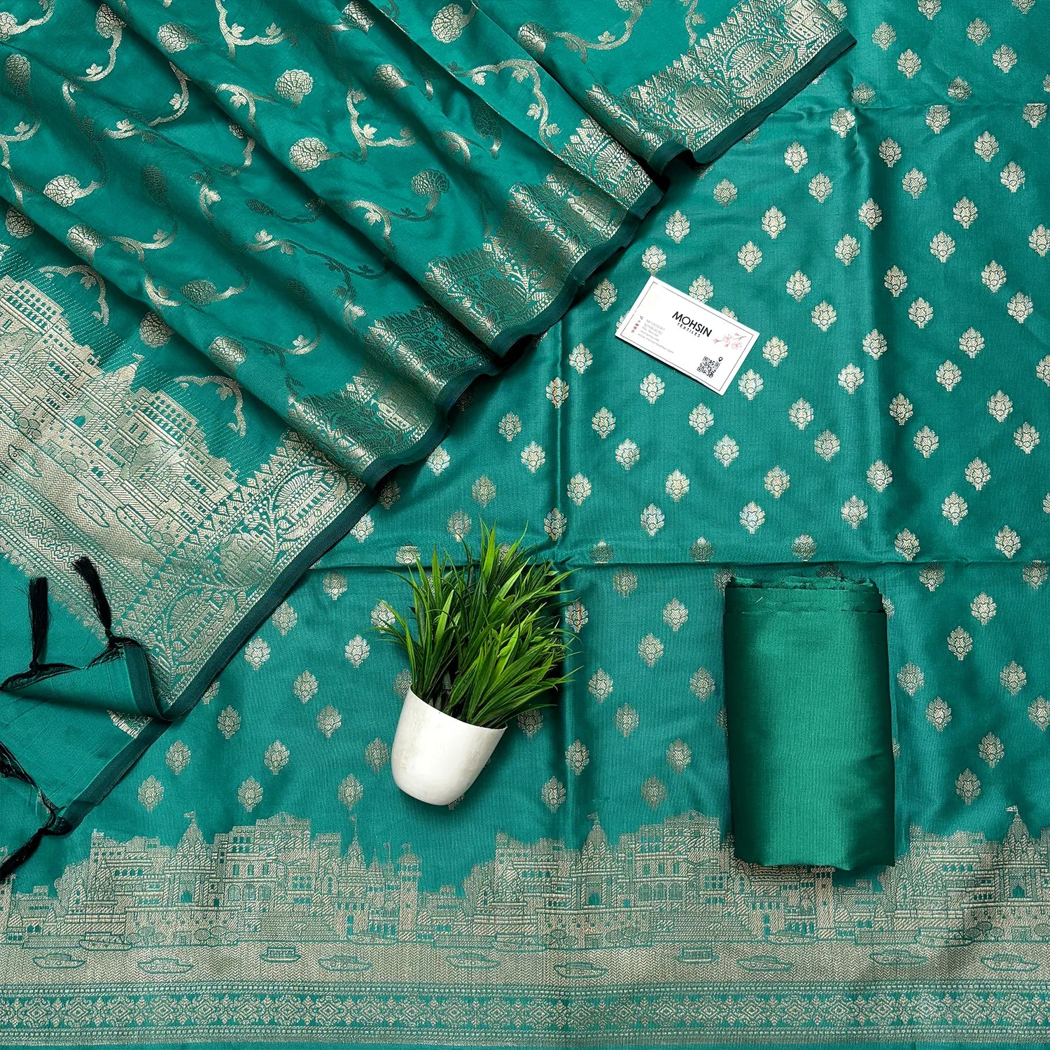 Sea Green Assi Ghat Mandir Semi Katan Silk Banarasi Suit