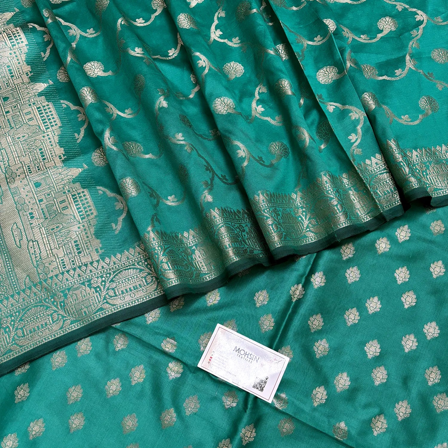 Sea Green Assi Ghat Mandir Semi Katan Silk Banarasi Suit