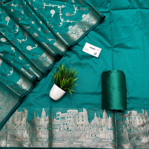 Sea Green Assi Ghat Plain Semi Katan Silk Banarasi Suit
