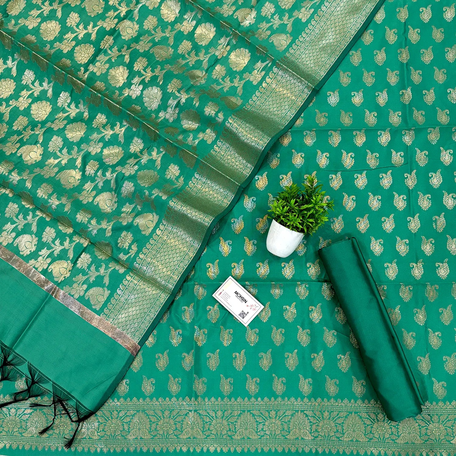 Sea Green Chirag Buti Satin Silk Banarasi Suit