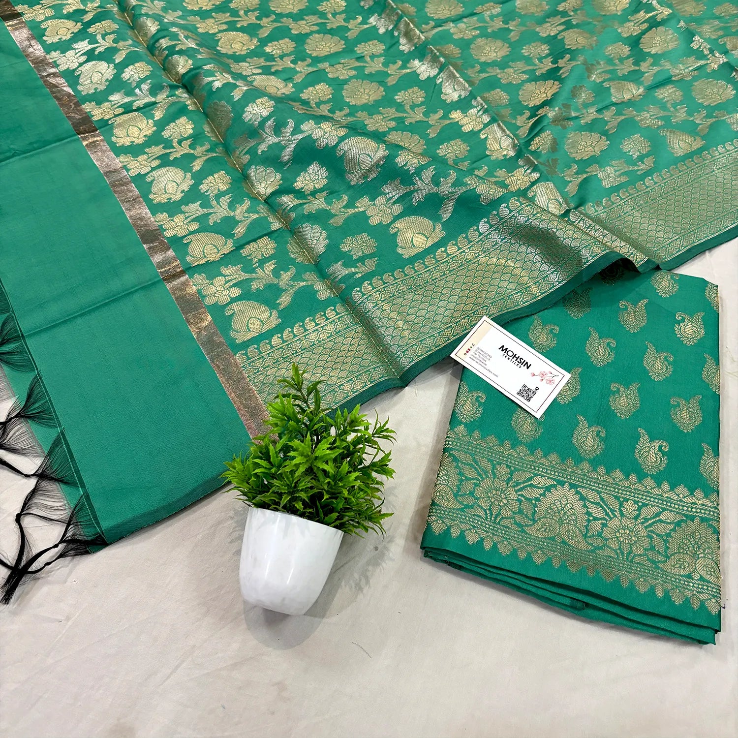 Sea Green Chirag Buti Satin Silk Banarasi Suit