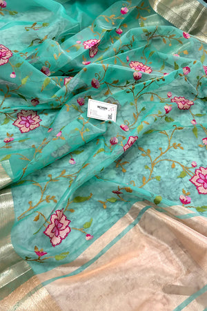 Sea Green Embroidery Net Banarasi Saree