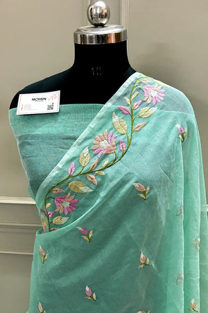 Sea Green Embroidery Net Banarasi Saree