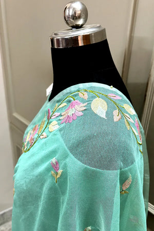 Sea Green Embroidery Net Banarasi Saree
