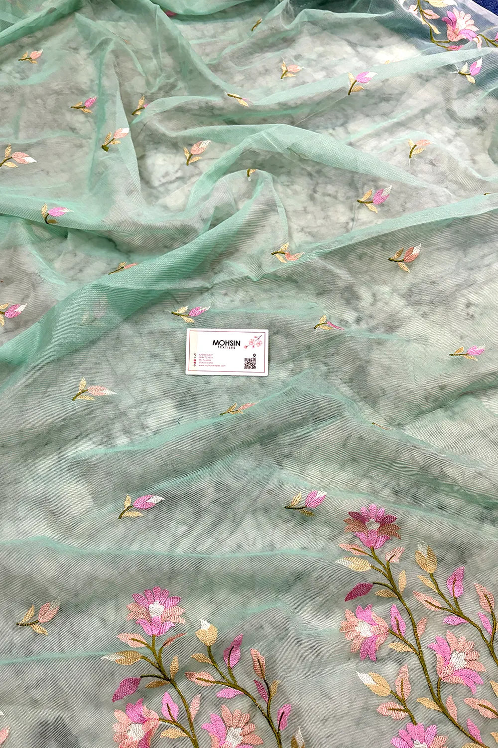 Sea Green Embroidery Net Banarasi Saree