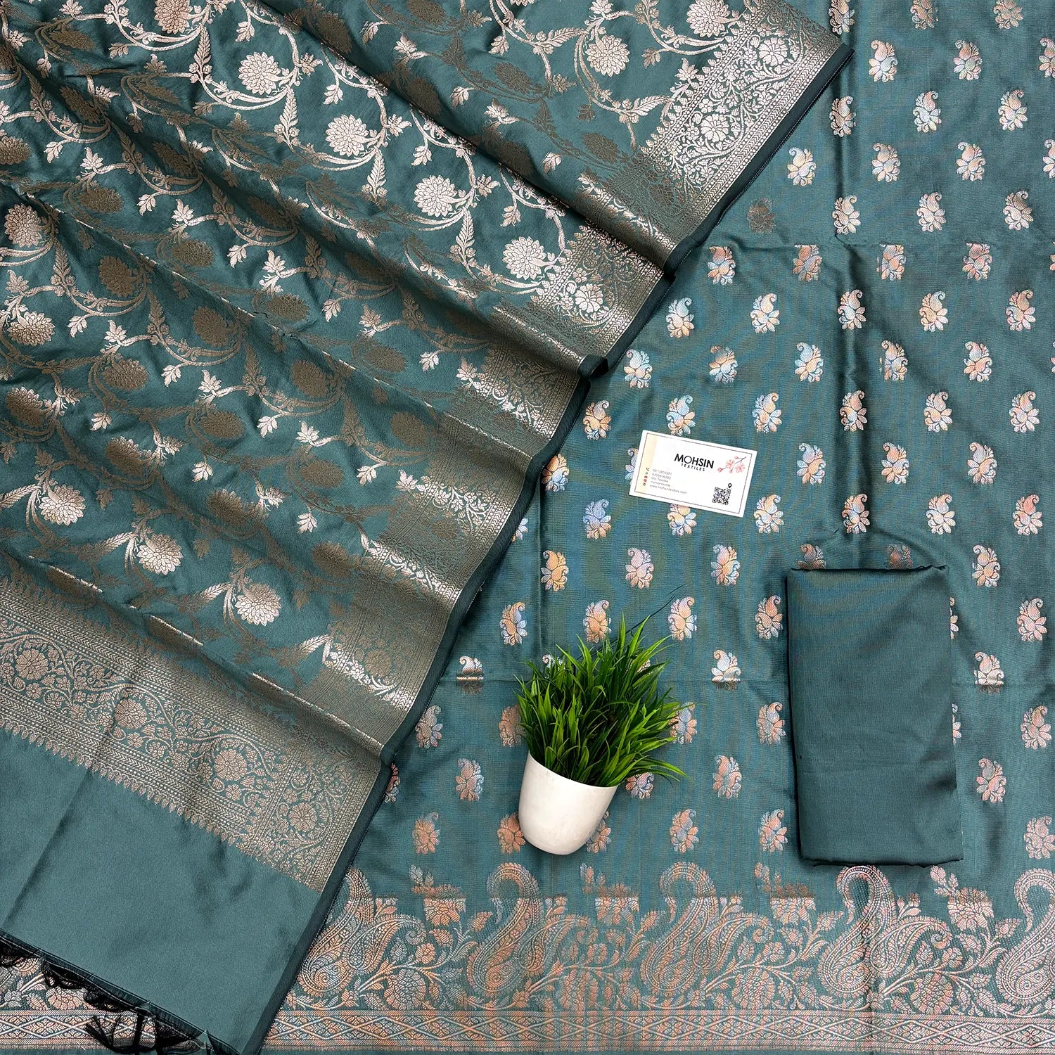 Sea Green Godzilla Semi Katan Silk Banarasi Suit