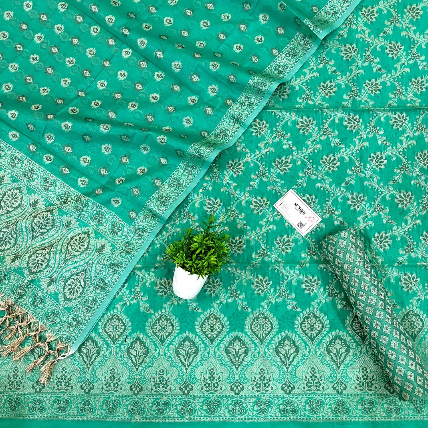 Sea Green Mogambo Jaal Cotton Silk Banarasi Suit