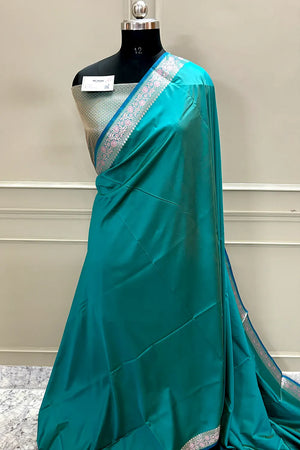 Sea Green Plain Banarasi Silk Saree