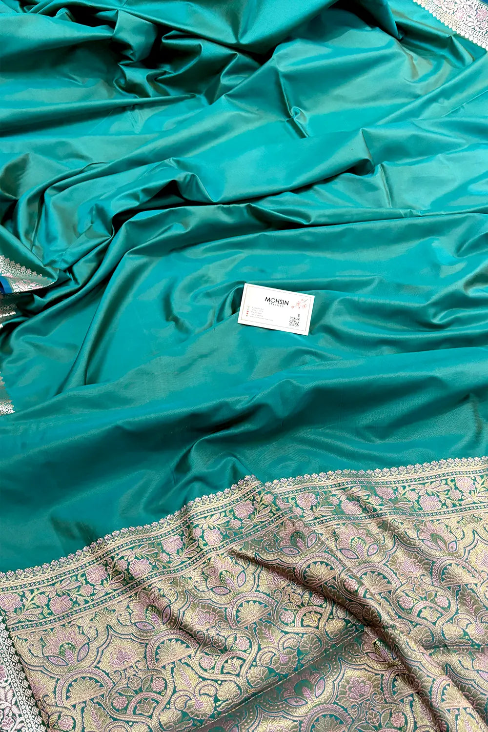 Sea Green Plain Banarasi Silk Saree