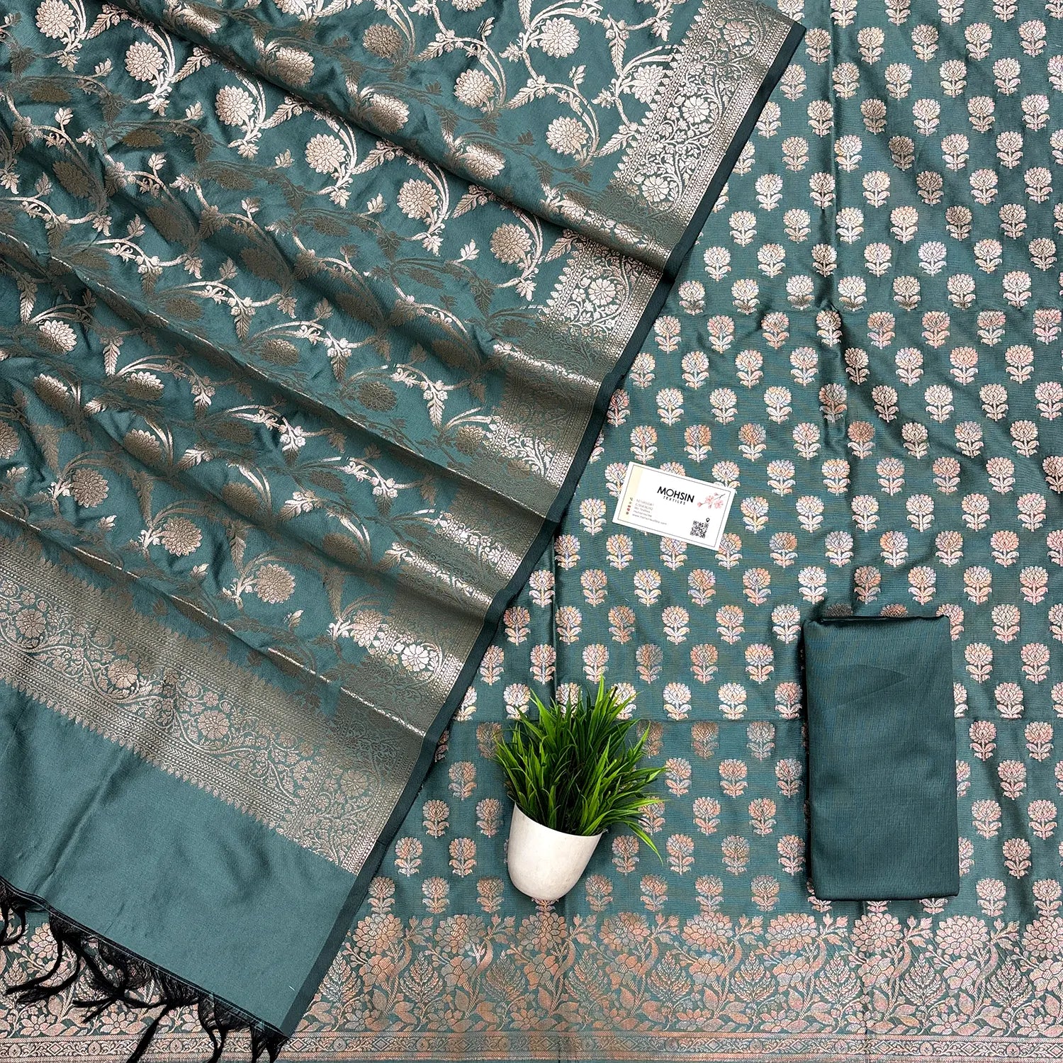 Sea Green Sunflower Semi Katan Silk Banarasi Suit