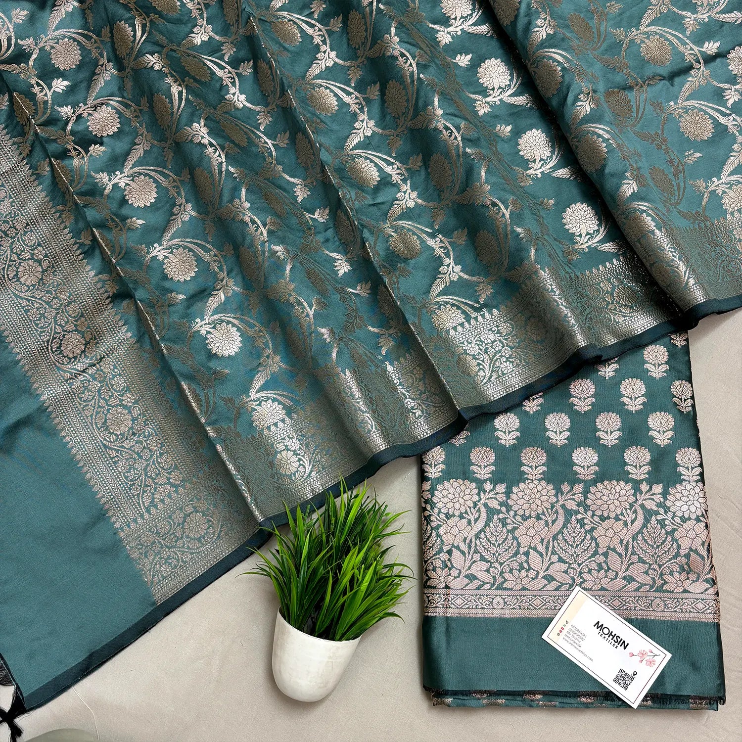 Sea Green Sunflower Semi Katan Silk Banarasi Suit