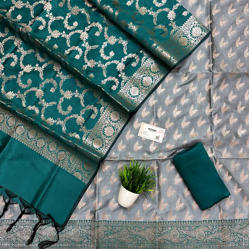 Silver and Teal Semi Katan Silk Banarasi Suit