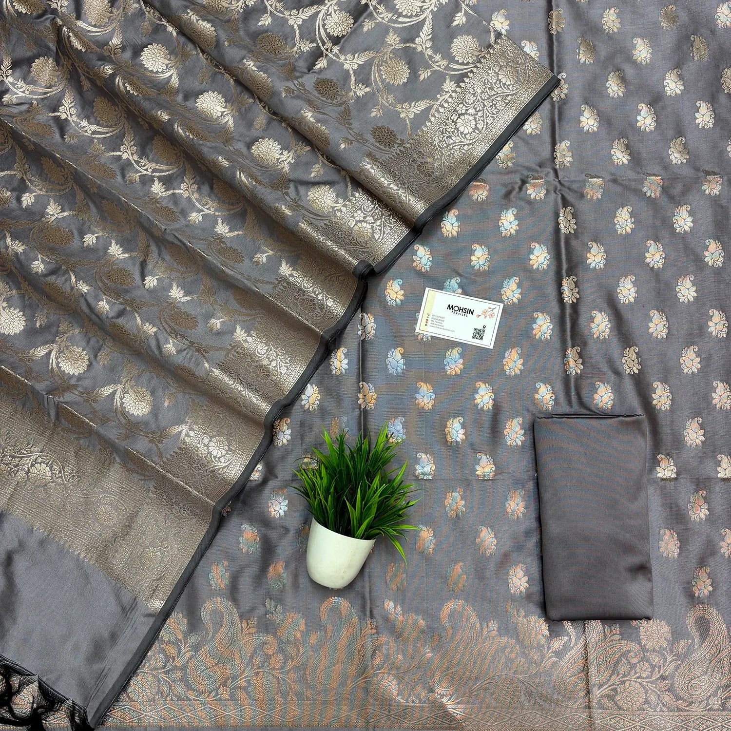 Silver Grey Godzilla Semi Katan Silk Banarasi Suit