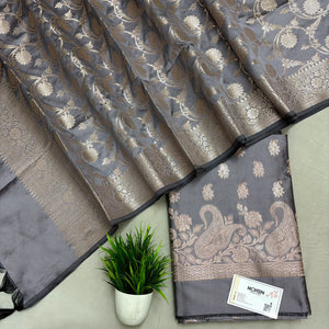 Silver Grey Godzilla Semi Katan Silk Banarasi Suit