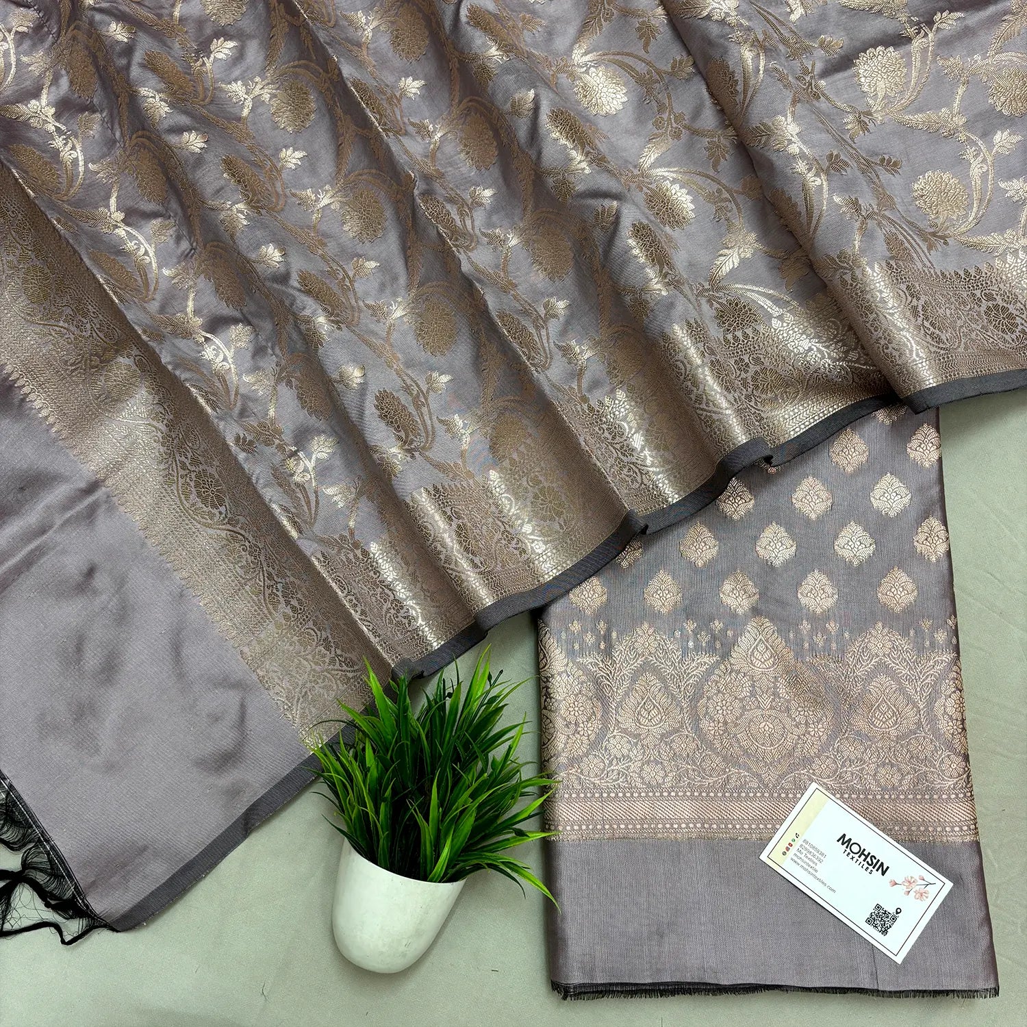 Silver Grey Singhasan Buti Semi Katan Silk Banarasi Suit