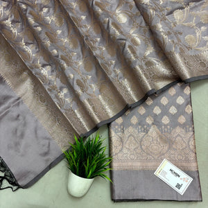 Silver Grey Singhasan Buti Semi Katan Silk Banarasi Suit
