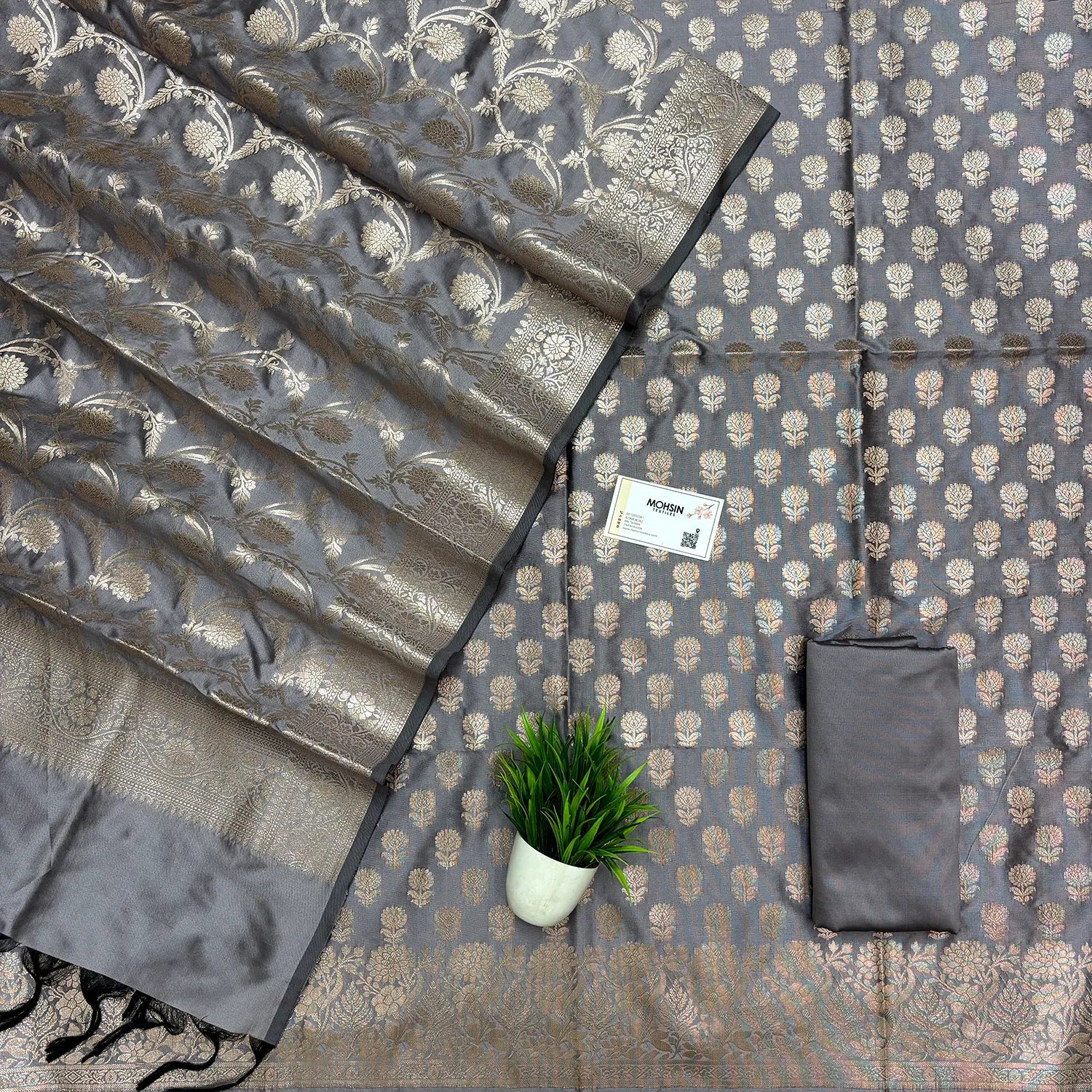 Silver Grey Sunflower Semi Katan Silk Banarasi Suit