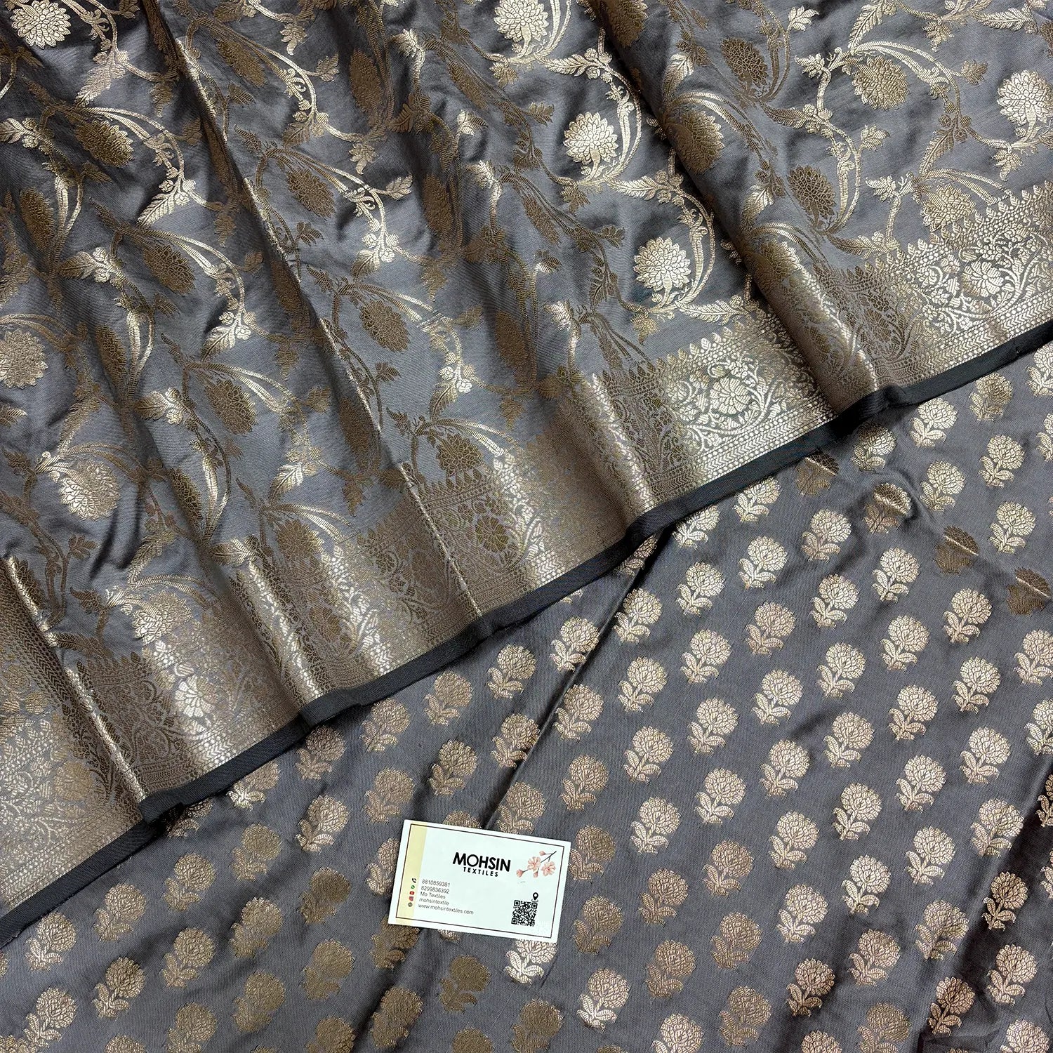 Silver Grey Sunflower Semi Katan Silk Banarasi Suit