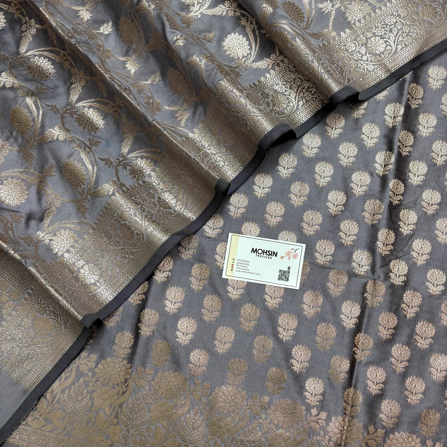 Silver Grey Sunflower Semi Katan Silk Banarasi Suit