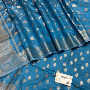 Sky Blue Assi Ghat Mandir Semi Katan Silk Banarasi Suit