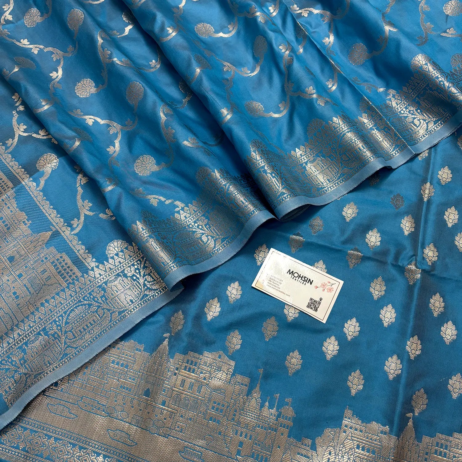 Sky Blue Assi Ghat Mandir Semi Katan Silk Banarasi Suit