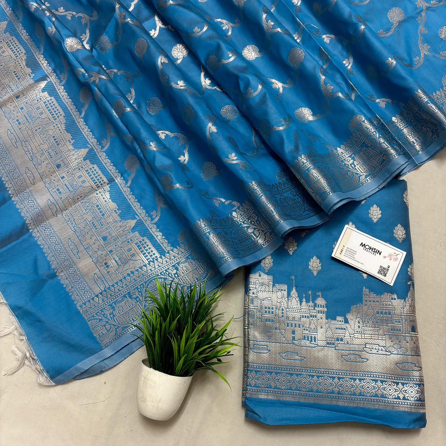 Sky Blue Assi Ghat Mandir Semi Katan Silk Banarasi Suit
